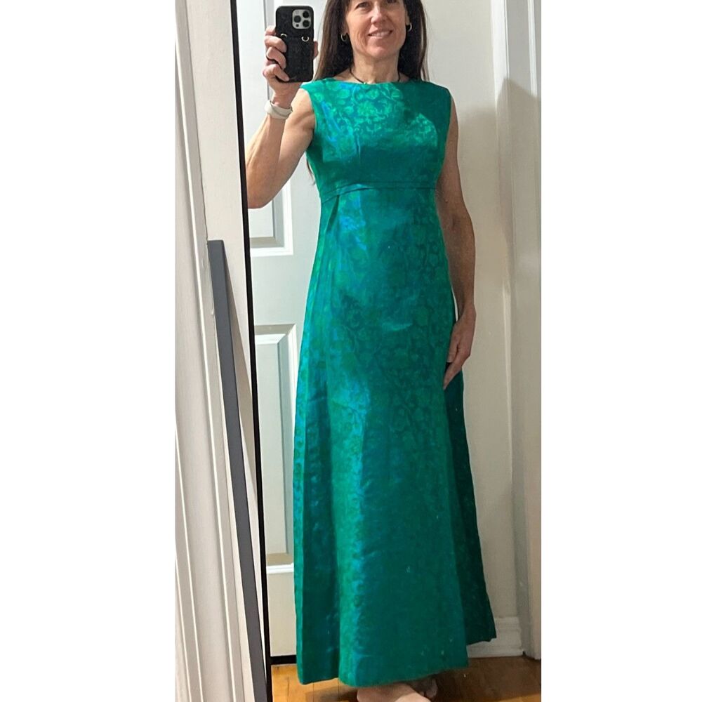 Vintage Late 1960s Emerald & Turquoise Floral Brocade Empire Waist Formal Gown S